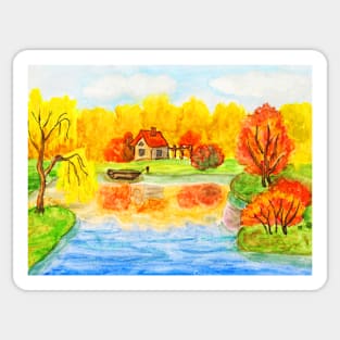 Autumn landscape with house  on lake Sticker